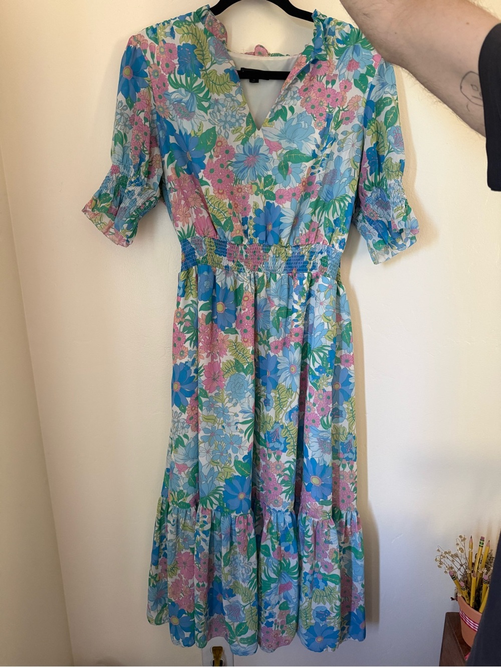 J. Crew Floral V-Neck Midi Dress in Blue & Pink